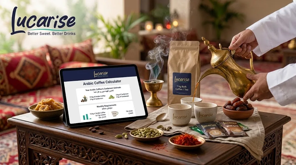 Pouring Arabic coffee from a dallah in a majlis next to the Lucarise Arabic coffee calculator, cardamom, saffron and dates