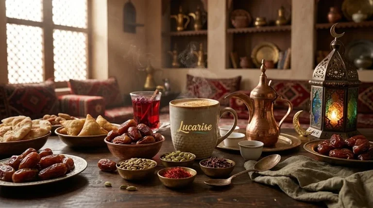 Arabic coffee and karak with dates