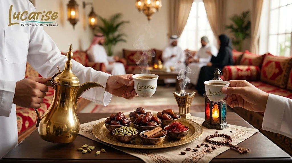 Host pouring Arabic coffee from a dallah for guests in a Ramadan majlis, with dates and cardamom