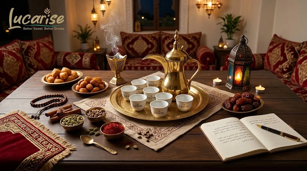 Dallah and finjans on a tray with dates, cardamom and saffron, ready for Ramadan guests