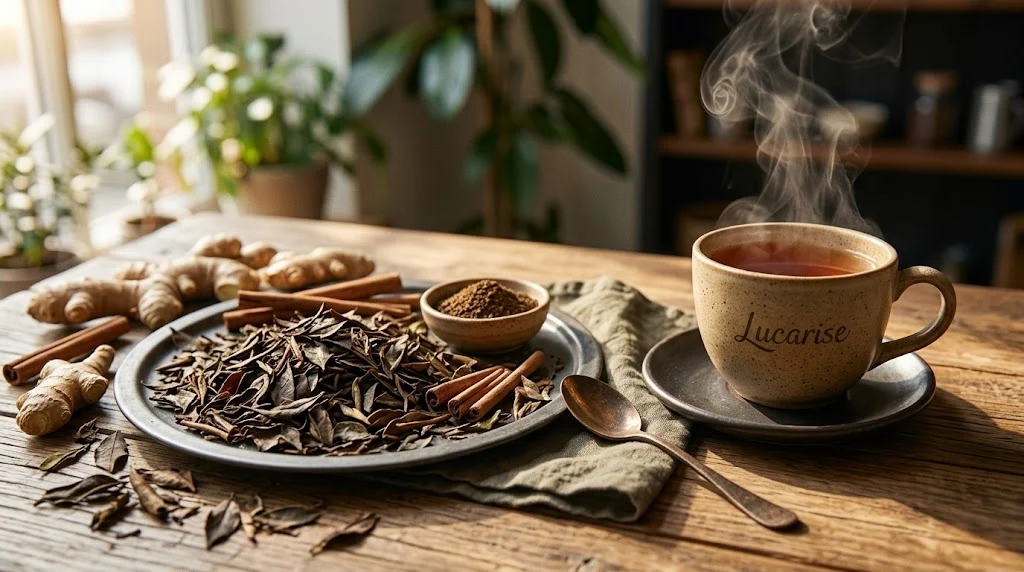 A cup of brewed hojicha tea next to roasted hojicha leaves and hojicha powder