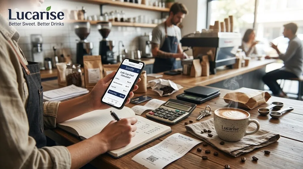 Checking café drink costs and margin on a phone with a notebook, calculator and latte