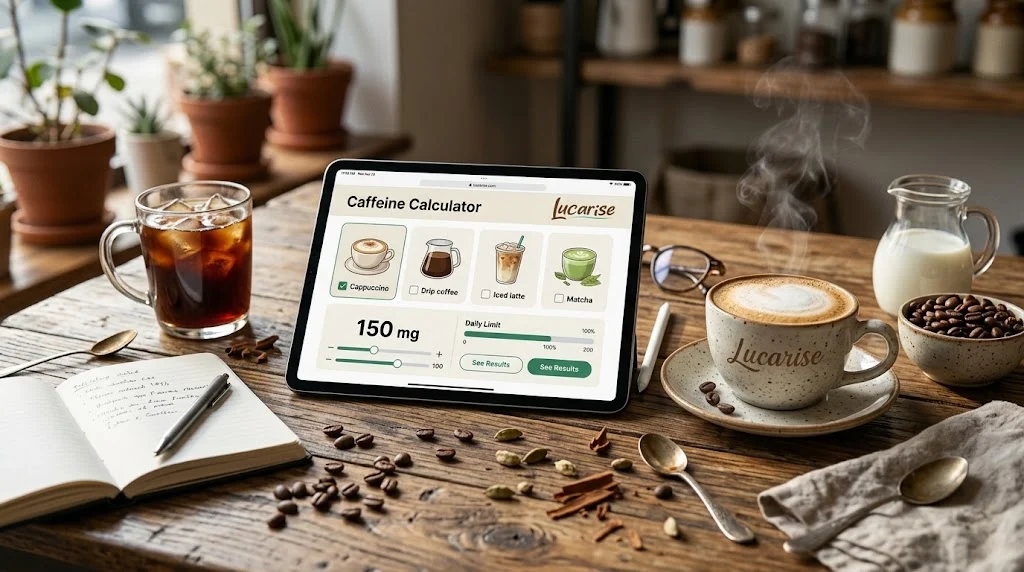 Caffeine calculator on a tablet showing daily caffeine total, with a cappuccino and iced coffee