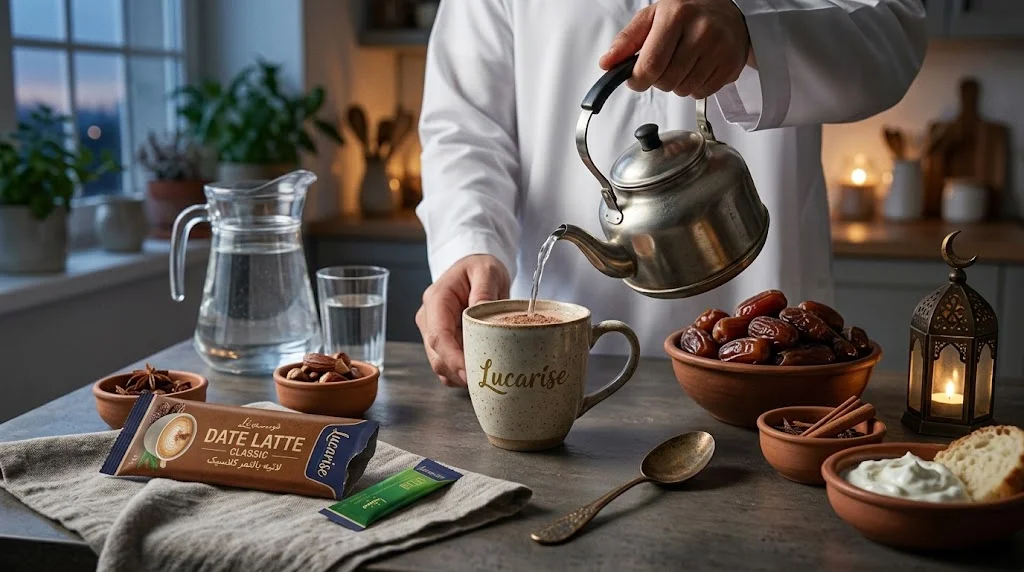 Making a caffeine-free Lucarise Date Latte for suhoor with water and dates