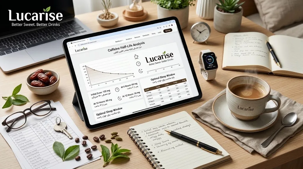 Caffeine half-life chart on a tablet with a cup of coffee, a notebook and dates