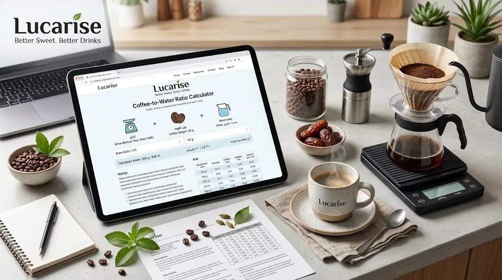 Coffee to water ratio chart on a tablet beside a pour-over coffee setup and scale