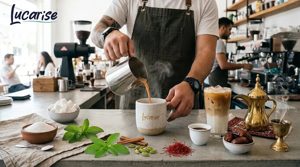Barista pouring karak beside sugar cubes, fresh stevia leaves and an iced Spanish latte