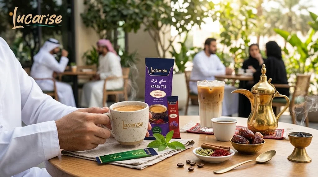 Lucarise karak tea, an iced latte and Arabic coffee with dates on a Gulf café table