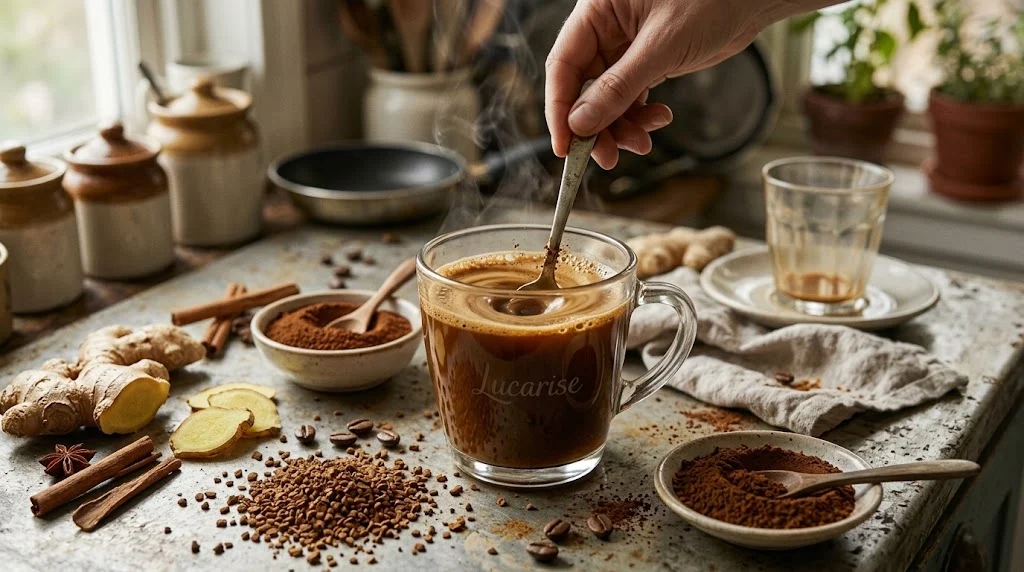 Stirring instant coffee in a glass Lucarise mug with coffee granules and spices