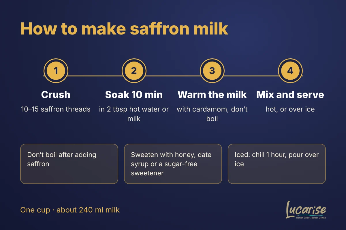 How to make saffron milk in 4 steps: crush the saffron, soak it, warm the milk with cardamom, then mix and serve