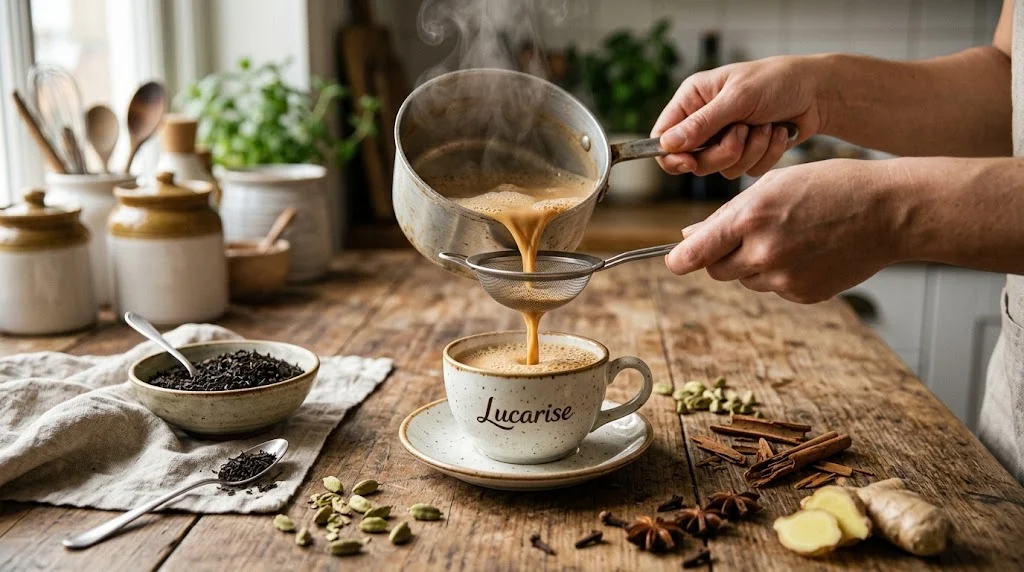 Straining freshly brewed spiced milk tea from a pan into a Lucarise cup, with cardamom, cinnamon, star anise and ginger