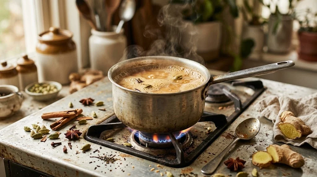 Karak tea simmering in a small pan on the stove with cardamom, cinnamon and ginger