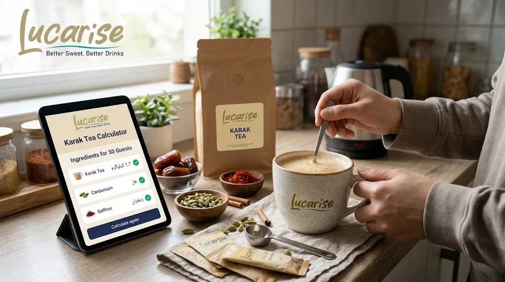 Making a cup of karak with the Lucarise karak tea calculator on a tablet, cardamom, saffron and sachets