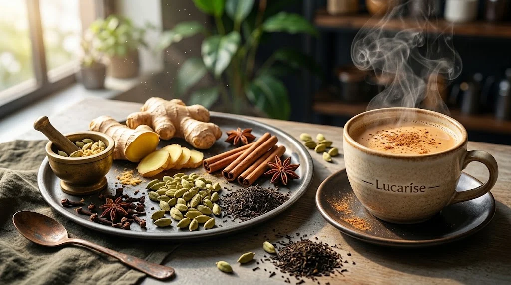 Karak tea ingredients: fresh ginger, cardamom pods, cinnamon, star anise, cloves and black tea next to a cup of karak