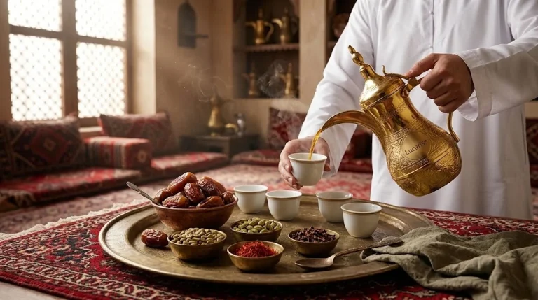 Pouring Arabic coffee from the dallah