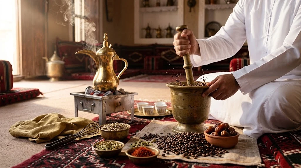 Making Arabic coffee the traditional way: grinding coffee beans in a brass mortar beside a Lucarise dallah on coals