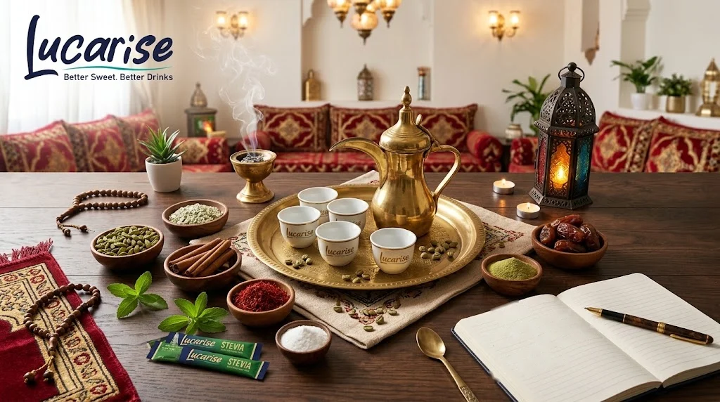 Arabic coffee dallah and Lucarise cups on a brass tray with cardamom, saffron, cinnamon, dates and Lucarise stevia sachets