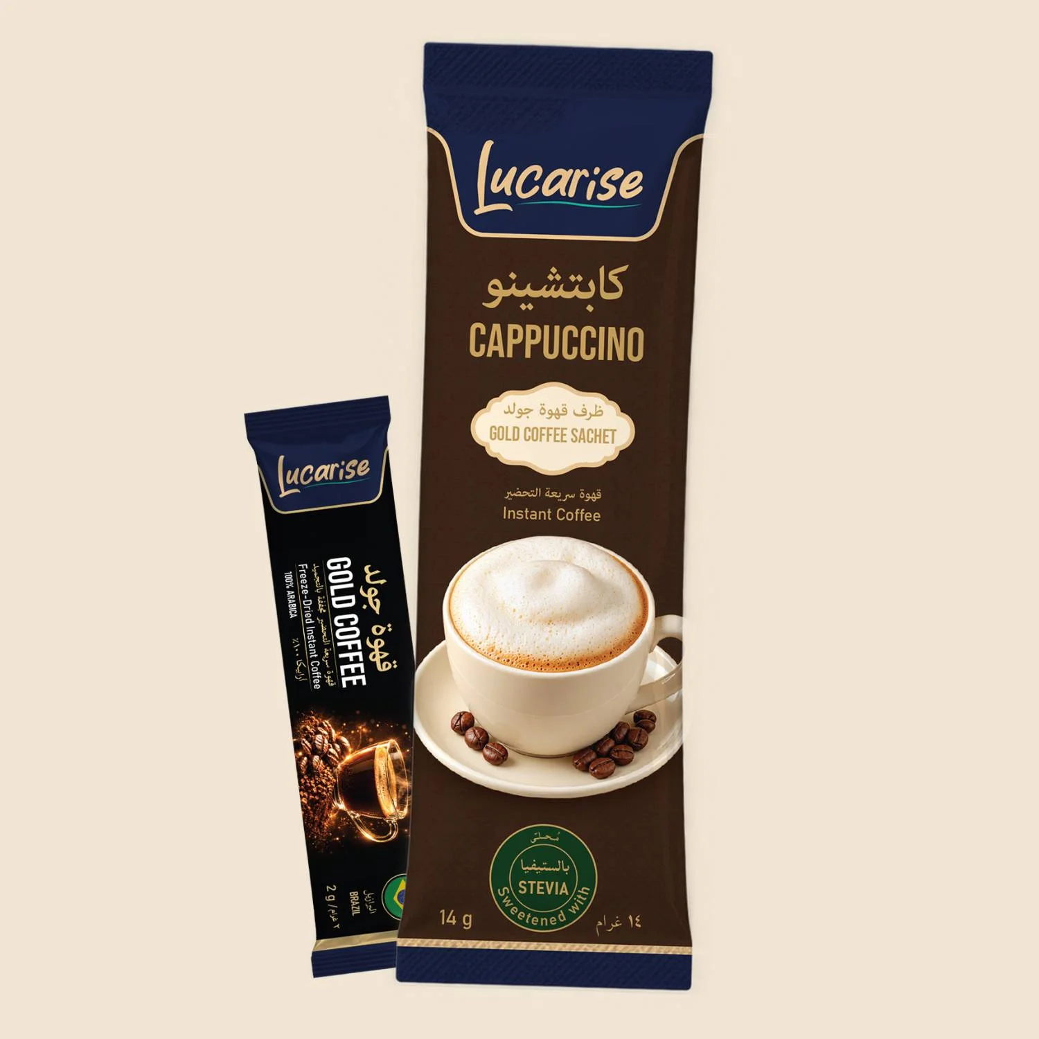 Lucarise cappuccino sachet (14 g) sweetened with stevia, with a gold freeze-dried instant coffee sachet (2 g)