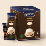 Lucarise Cappuccino with Gold Coffee Topping box: 10 cappuccino sachets and 10 gold coffee topping sachets