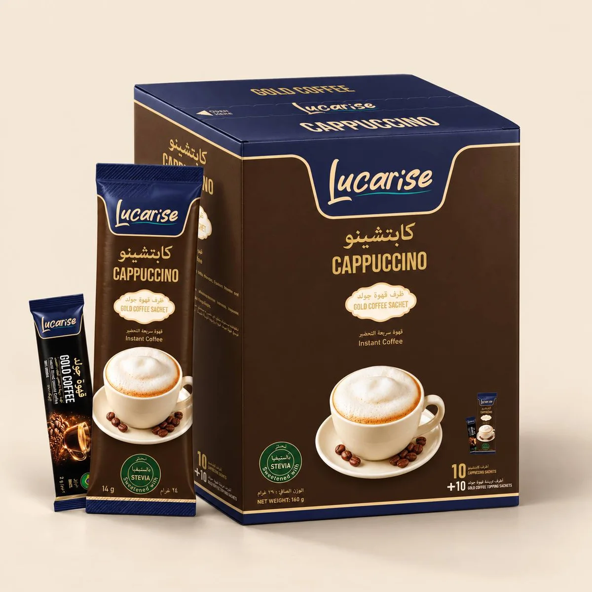 Lucarise Cappuccino with Gold Coffee Topping box: 10 cappuccino sachets and 10 gold coffee topping sachets