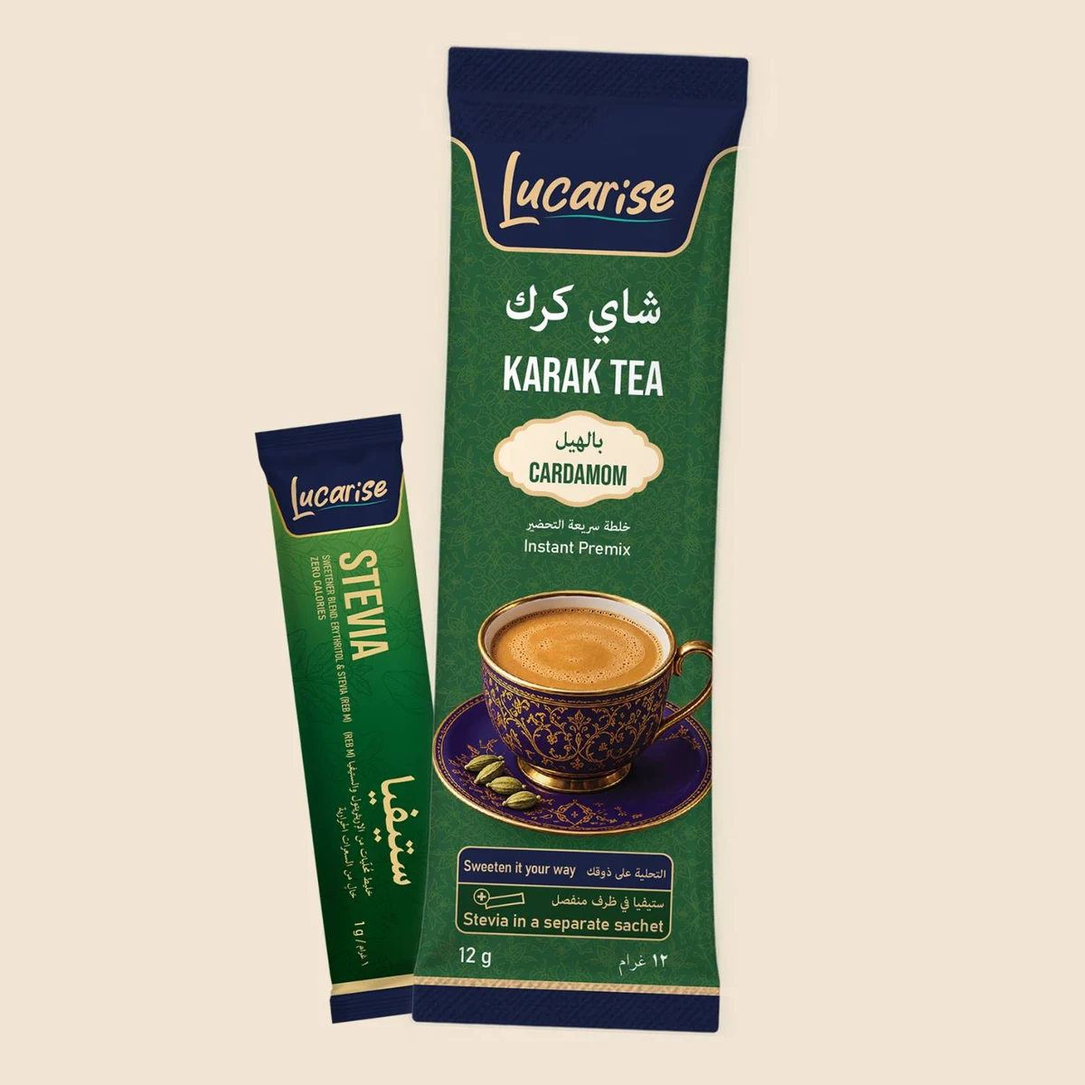 Lucarise Cardamom Karak Tea sachet with its separate stevia sweetener sachet