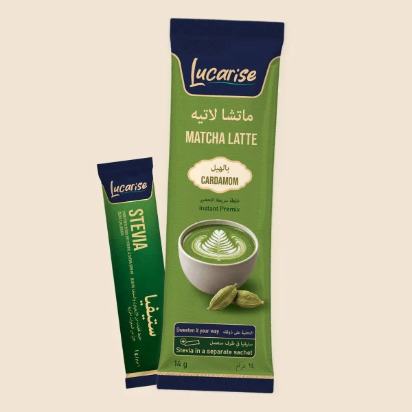 Lucarise Cardamom Matcha Latte sachet with its separate stevia sweetener sachet