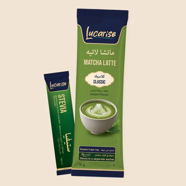 Lucarise Classic Matcha Latte sachet with its separate stevia sweetener sachet
