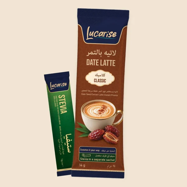 Lucarise Classic Date Latte sachet with its separate stevia sweetener sachet