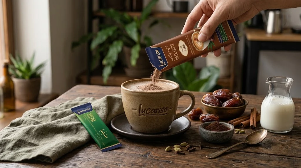 Pouring a Lucarise Classic Date Latte sachet into a cup to make an instant date seed latte