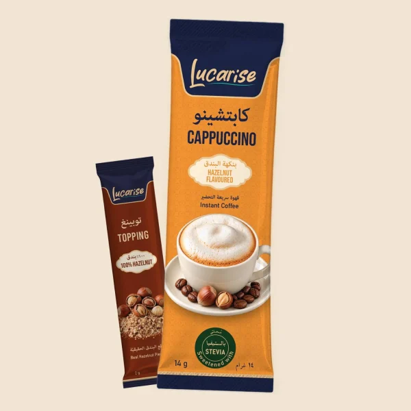 Lucarise Cappuccino with Hazelnut Topping: hazelnut cappuccino sachet sweetened with stevia and a 100% hazelnut topping sachet