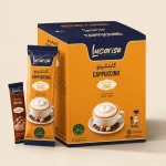 Lucarise Hazelnut Cappuccino box: 10 cappuccino sachets and 10 hazelnut topping sachets