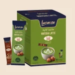 Lucarise Hazelnut Matcha Latte box with hazelnut topping sachets