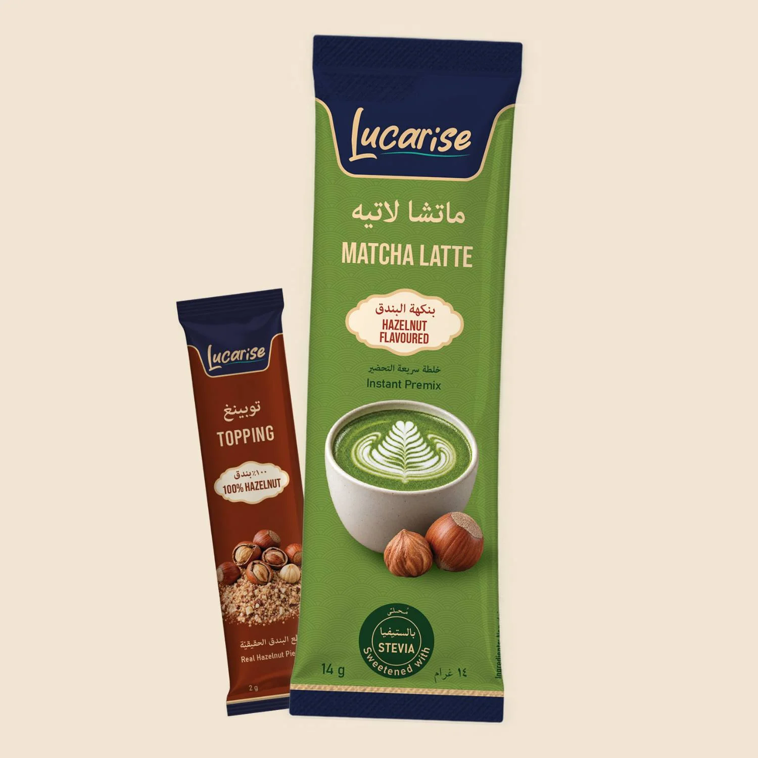 Lucarise Hazelnut Matcha Latte 14 g sachet with a 2 g real hazelnut topping sachet