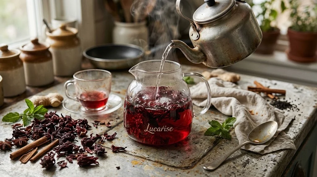 Brewing hibiscus tea: pouring hot water over dried hibiscus flowers in a Lucarise glass teapot