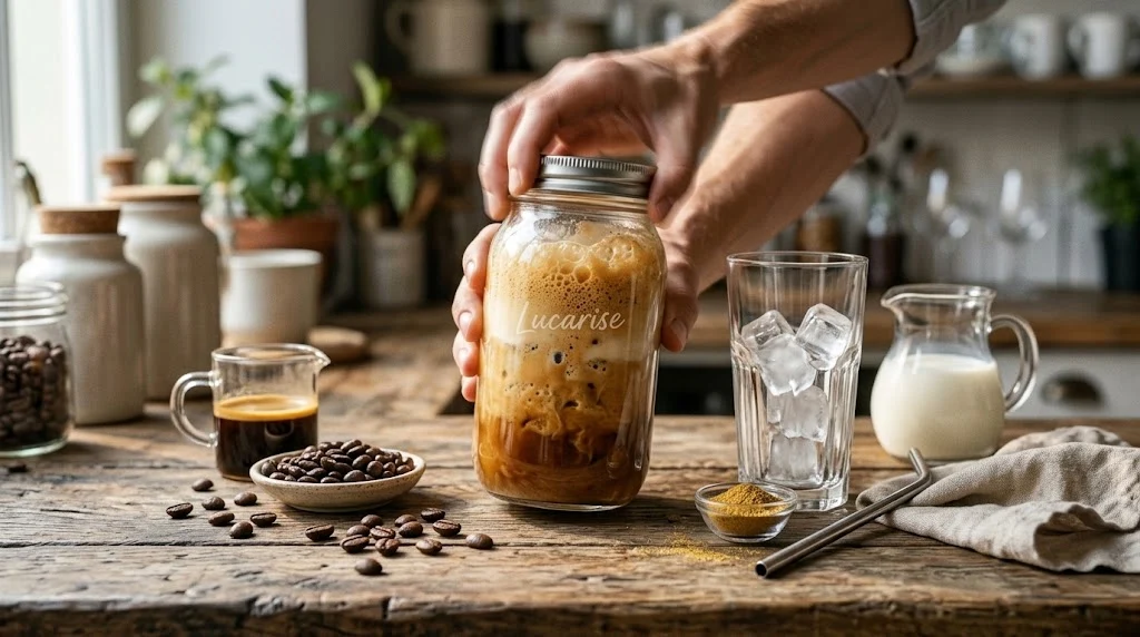 Iced cappuccino without a machine: shaking cappuccino and cold milk in a closed Lucarise jar until foamy