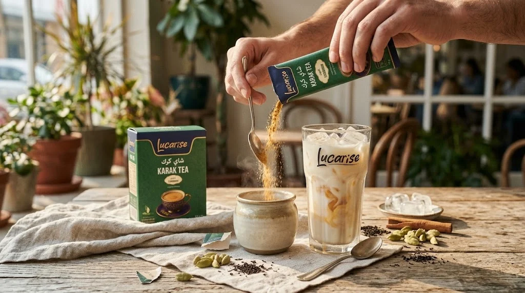Pouring a Lucarise karak tea sachet into a cup to make iced karak, with a glass of ice and milk