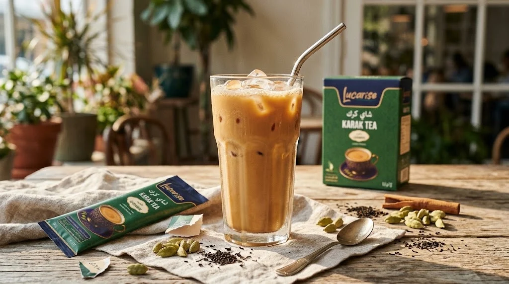 Iced karak tea in a tall glass with cardamom pods