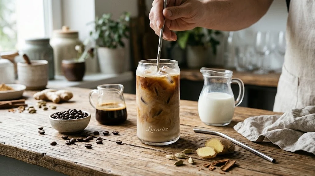 Making an iced latte at home: stirring espresso and milk over ice in a Lucarise glass