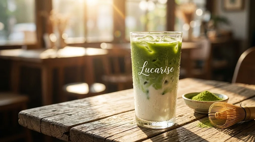 Iced matcha latte in a tall glass with matcha powder and a bamboo whisk
