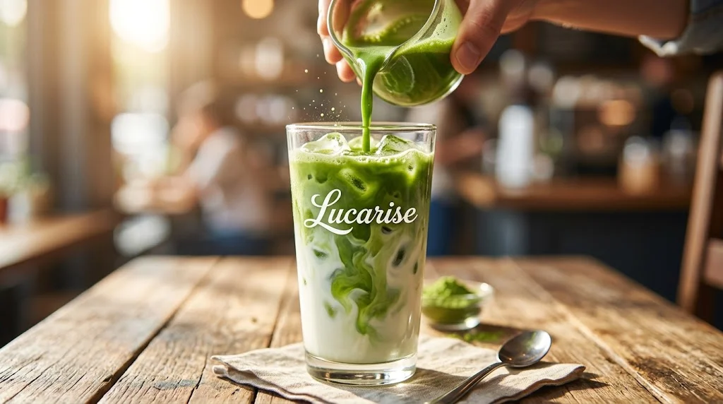 Pouring matcha over cold milk and ice to make an iced matcha latte