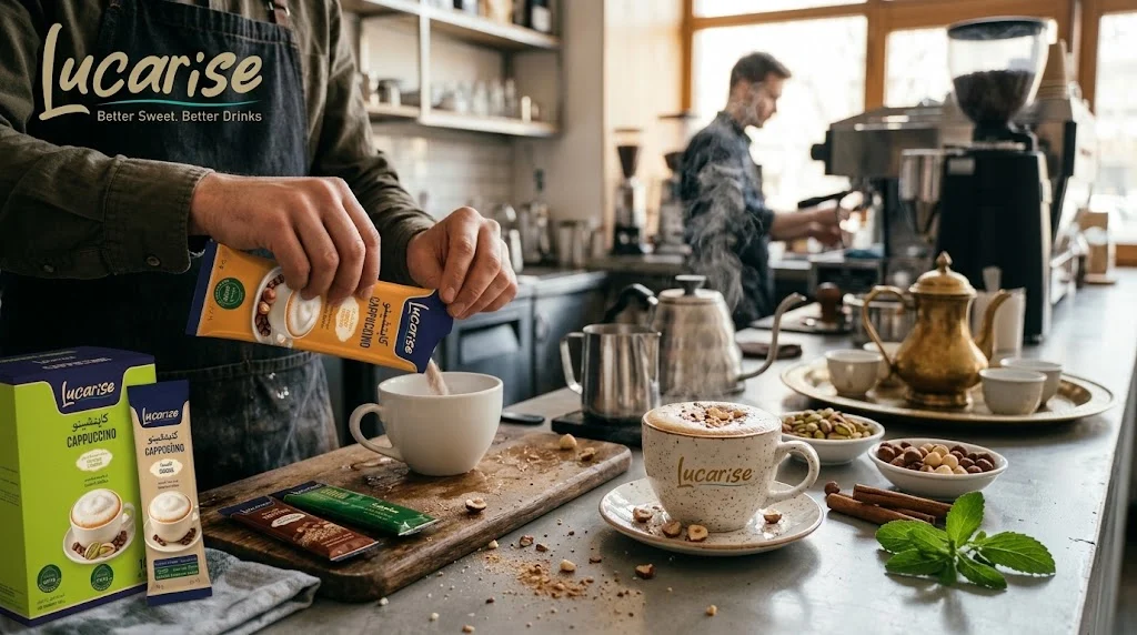 Pouring a Lucarise instant cappuccino sachet into a cup, with a hazelnut-topped cappuccino and Lucarise boxes on the counter