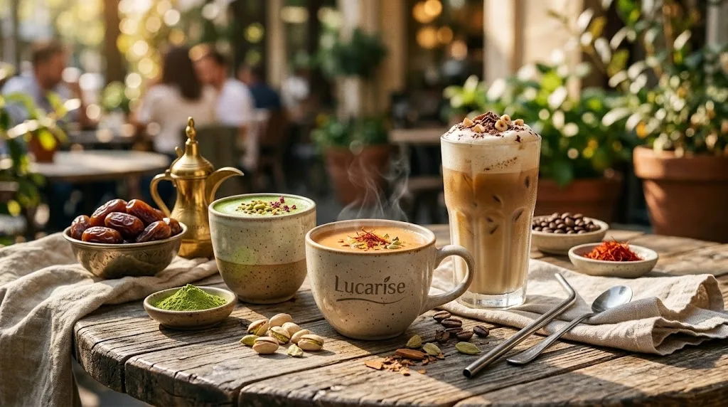Lucarise saffron karak, matcha latte and iced latte on a café table