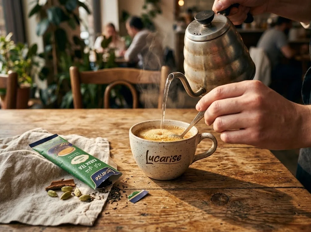 Pouring hot water over an instant karak sachet in a cup and stirring