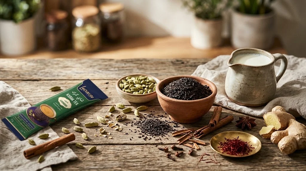 Karak tea ingredients: black tea, cardamom, milk, saffron, cinnamon, ginger and a karak sachet