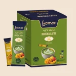Lucarise Mango Matcha Latte box with mango topping sachets