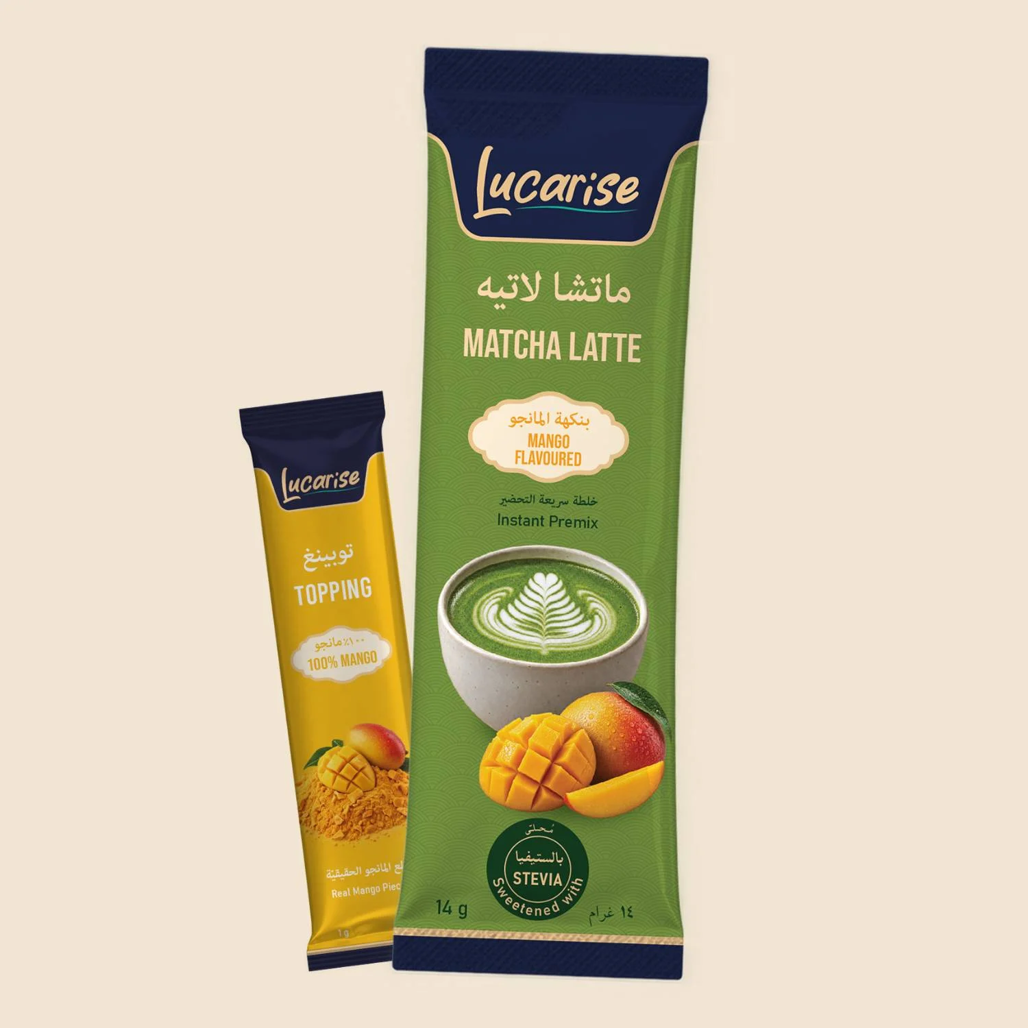 Lucarise Mango Matcha Latte 14 g sachet with a 1 g freeze-dried mango topping sachet