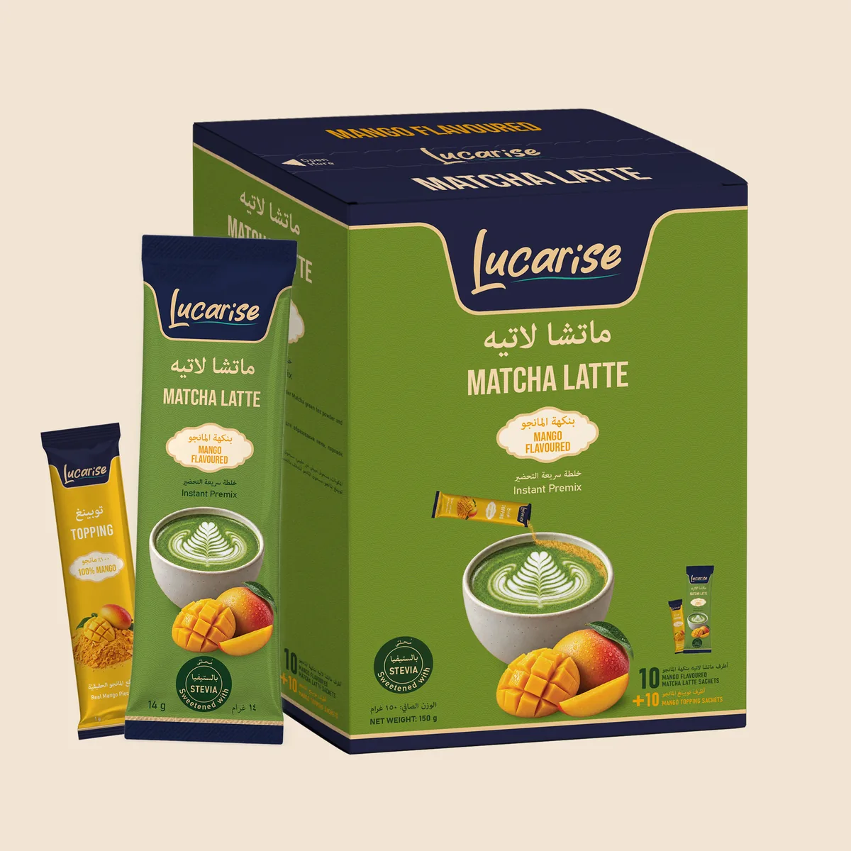 Lucarise Mango Matcha Latte box with mango topping sachets