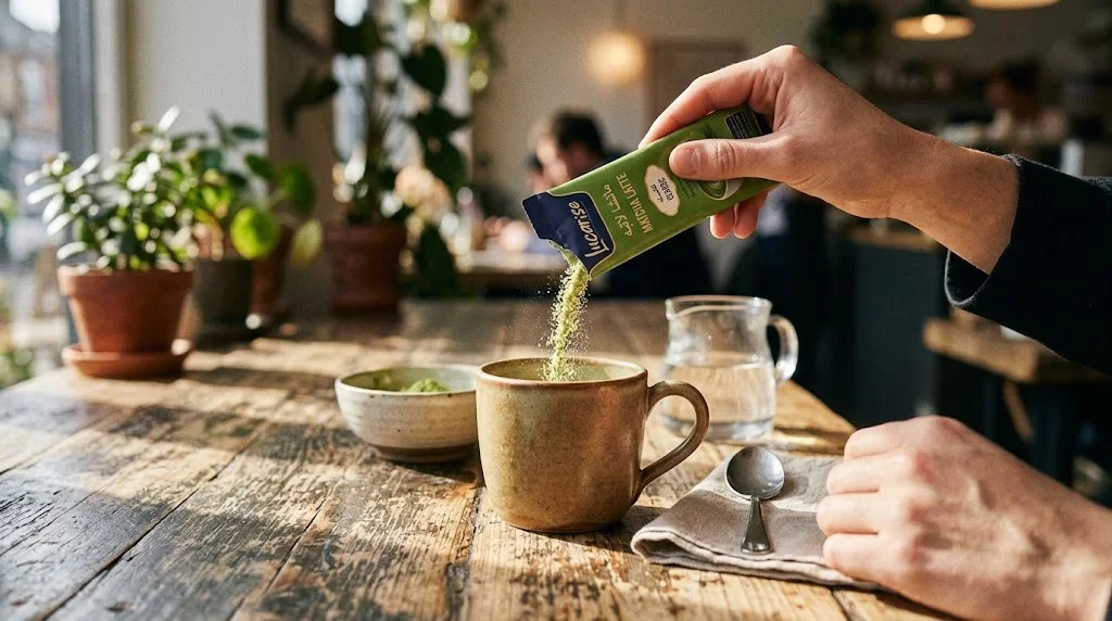 Pouring a Lucarise matcha latte sachet into a cup