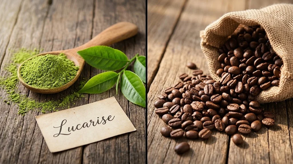 Matcha powder with fresh tea leaves next to roasted coffee beans