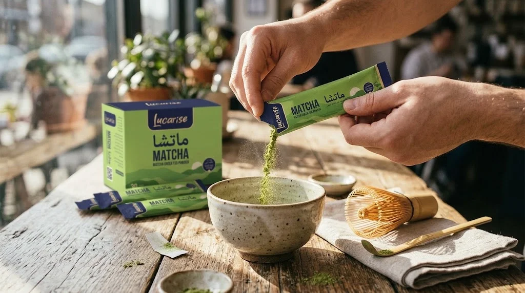 Pouring a Lucarise matcha sachet into a matcha bowl
